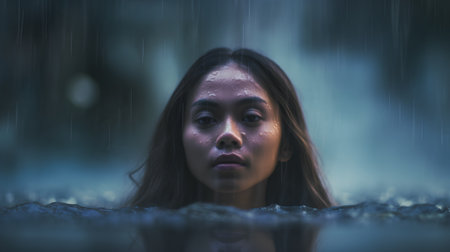 Young woman in the rain looking at the camera with her eyes closedの素材