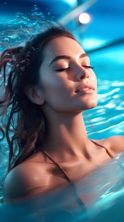 Portrait of a beautiful young woman relaxing in swimming pool. Spa, healthcare.の素材