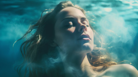 Portrait of a beautiful woman in the water. Studio shot.の素材