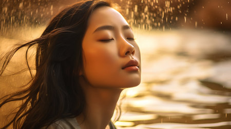 Portrait of a beautiful asian woman with closed eyes under the rainの素材