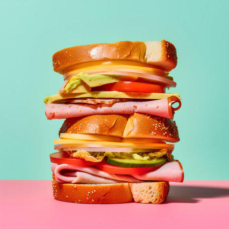 Huge stack of tasty sandwiches on pink and blue background. Creative food conceptの素材