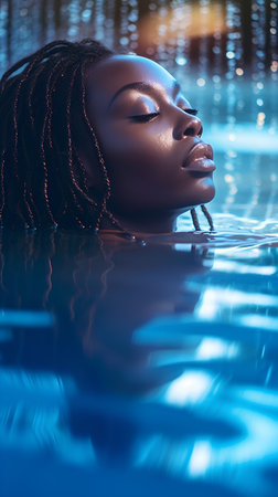 Beautiful African American woman in a swimming pool. 3d renderingの素材