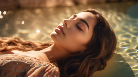Portrait of a beautiful young woman lying in a swimming pool.の素材