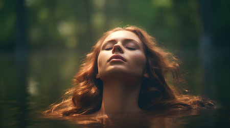 Beautiful young woman lying in the water in the forest at sunsetの素材