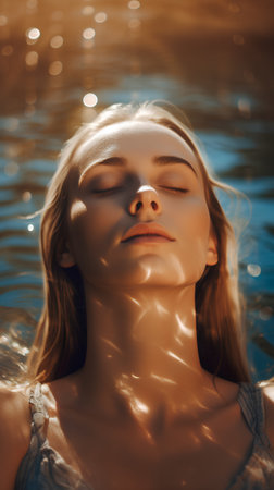 Portrait of a young beautiful woman with closed eyes in the poolの素材