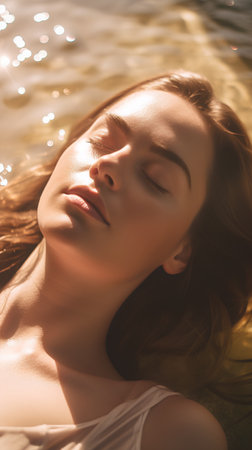 Portrait of a beautiful young woman lying on the beach with closed eyesの素材