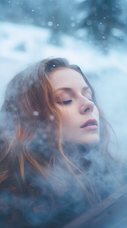 Portrait of a beautiful young woman on a background of winter forest.の素材