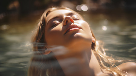 Portrait of a beautiful young woman with closed eyes and smoke in the waterの素材