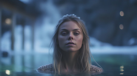 Portrait of beautiful young woman in hot tub at night. Shallow depth of fieldの素材