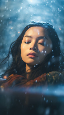 Portrait of a beautiful young asian woman in the rain.の素材