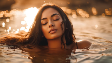 Portrait of a beautiful brunette woman relaxing in the water.の素材