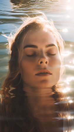 Portrait of a beautiful young woman with closed eyes in the poolの素材