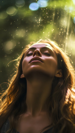Portrait of a beautiful young woman with closed eyes under the rainの素材