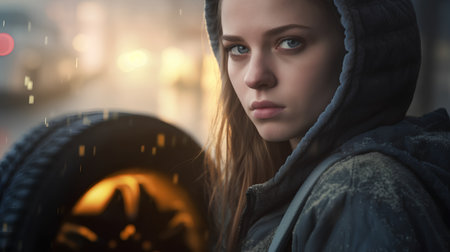 Portrait of a beautiful young woman in the rain with a car wheel.の素材
