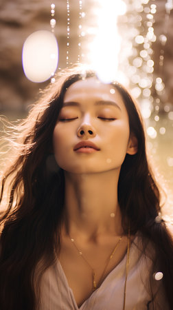 young pretty asian woman with long brunette hair in fashion dress on sunset beachの素材