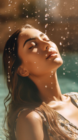 Portrait of a beautiful young woman with closed eyes in a swimming poolの素材