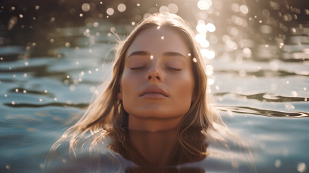 Portrait of a beautiful young woman with closed eyes in the water.の素材