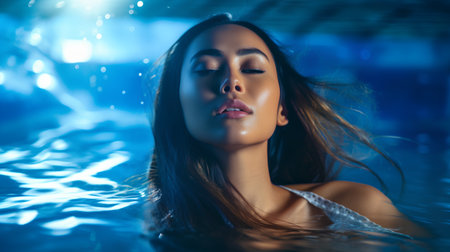 Beautiful young woman relaxing in a swimming pool at night. Beauty, spa.の素材