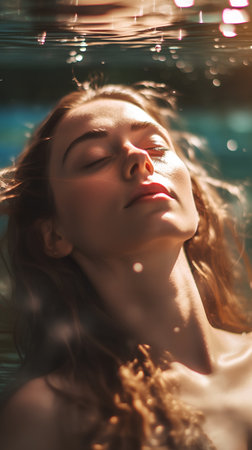 Portrait of a beautiful young woman with closed eyes in the poolの素材