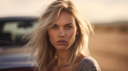 Portrait of a beautiful young woman with long blond hair and blue eyesの素材