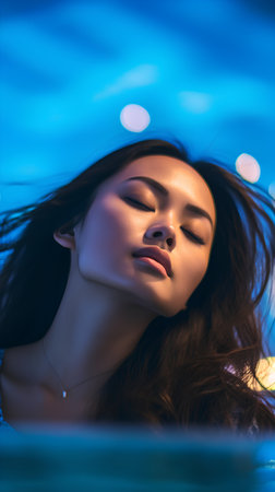 Portrait of a beautiful young woman relaxing in the swimming pool.の素材