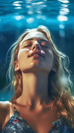 Portrait of a beautiful young woman with closed eyes in the swimming poolの素材