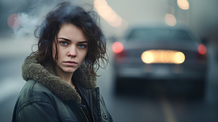 Portrait of a young beautiful woman in the street at night.の素材