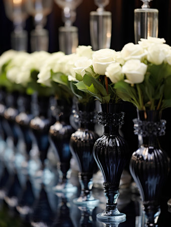 Beautiful bouquet of white roses in black vases on black backgroundの素材