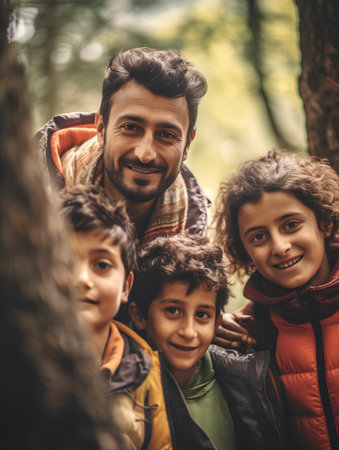 Handsome bearded man with his family in the autumn forest.の素材