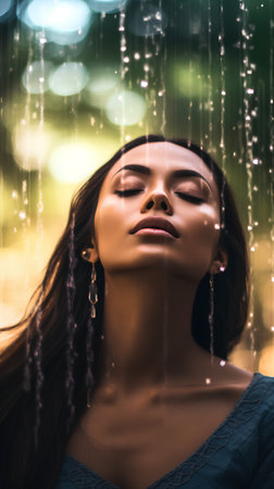 Portrait of a beautiful young woman with closed eyes under the rainの素材