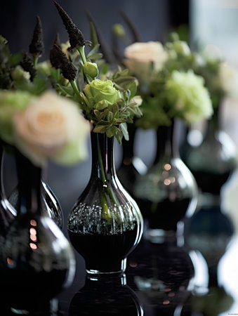 beautiful bouquet of roses in vases on a black backgroundの素材