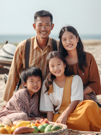 happy asian family sitting on beach and looking at camera during picnicの素材