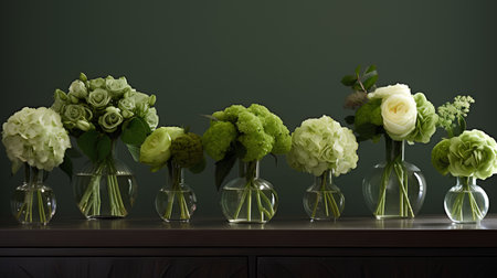 White hydrangea flowers in vases on dark green backgroundの素材