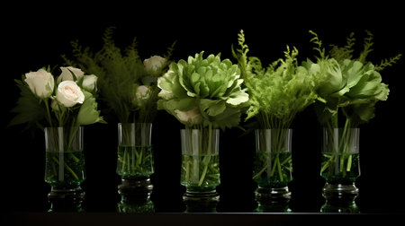 Beautiful bouquet of flowers in vases on a black backgroundの素材
