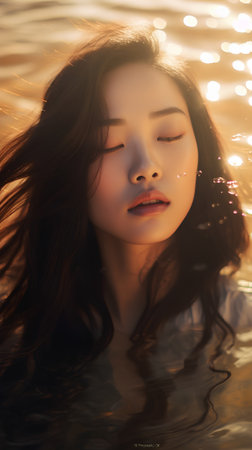 Fashion portrait of young beautiful asian woman in the water.の素材