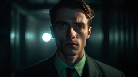 Portrait of a handsome man in a dark room. Men's beauty, fashion.の素材