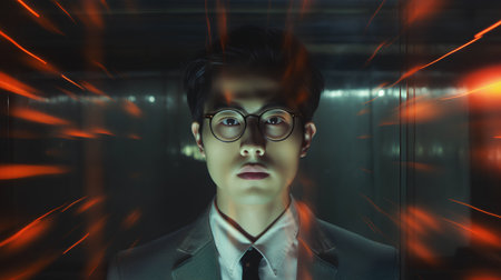 Portrait of a young man with glasses on the background of neon lights.の素材