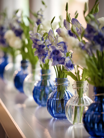 Beautiful bouquet of spring flowers in blue glass vases.の素材
