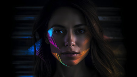 3d illustration of a beautiful woman with neon light on her faceの素材