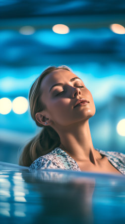 Beautiful young woman relaxing in the swimming pool at luxury spa resortの素材