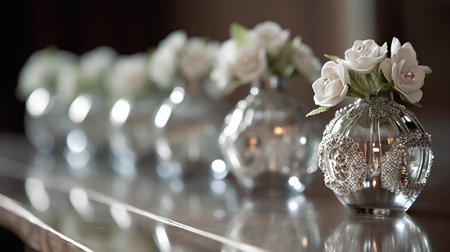 Beautiful white roses in crystal vase on the mirror table.の素材