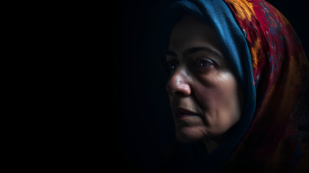 Portrait of an old woman in a headscarf on a black backgroundの素材