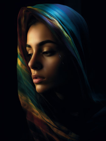 Portrait of a beautiful young woman in a veil on a black backgroundの素材