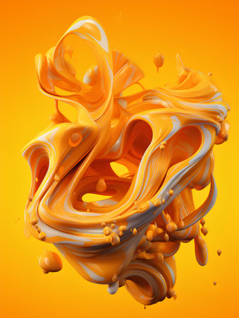 Splash of orange paint on a yellow background. 3d renderingの素材