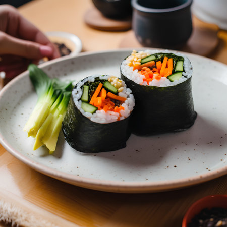 Sushi rolls with cucumber and carrot on plate. Japanese foodの素材