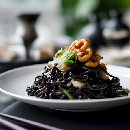 black noodles with shrimps and prawns on a plateの素材