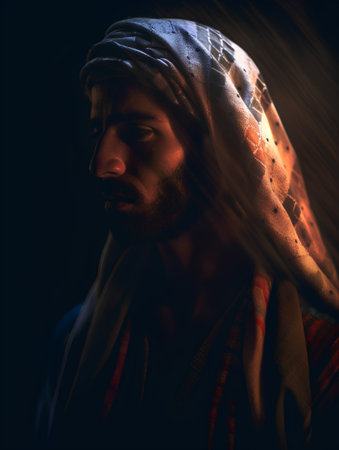 Portrait of a man with a headscarf against a dark backgroundの素材