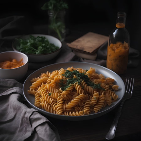 Fusilli pasta with tomato sauce and parsley, selective focusの素材