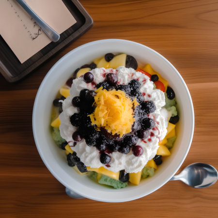 A bowl of fruit salad with mango, blackberry and coconut.の素材