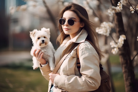 Beautiful young woman with dog in the spring park. Beauty, fashion.の素材
